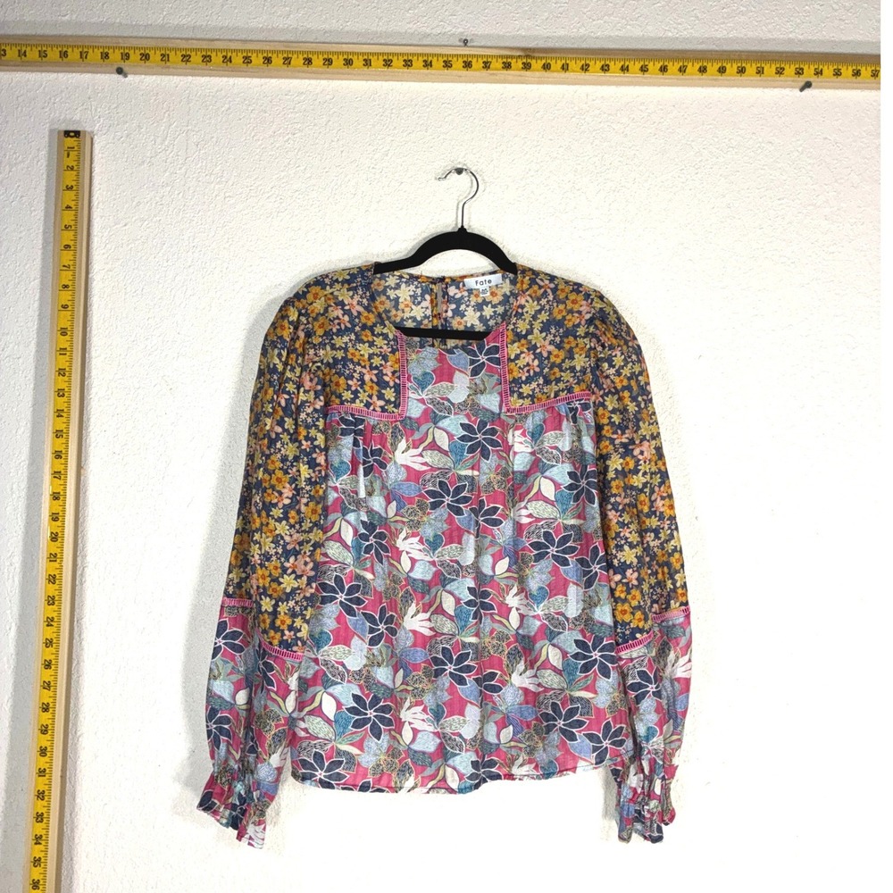 Fate Mixed Floral Patchwork Blouse Pink Blue Boho Balloon Sleeve Top FT8889 M